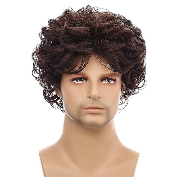 Mörkbrun naturlig kort lockig peruk för män, fluffig full täckning hår cosplay peruk
