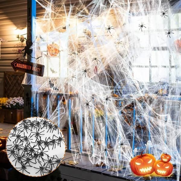 Utvidbart spindelvev Halloween-dekorasjoner - VIPITH skummelt spindelvev med 30 falske edderkopper