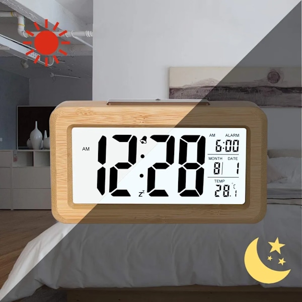 Vekkerklokke i tre, digital vekkerklokke, bordklokke med nattlys, dato, temperaturvisning, bambus