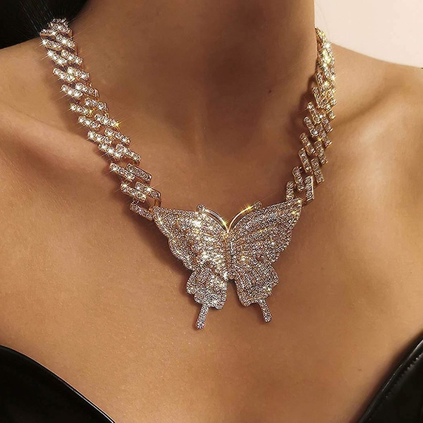 Chunky Crystal Choker Halsband Butterfly Hänge Halsband Kubansk länkkedja Glittrande Rhinestone Jewerly För kvinnor och flickor (guld)
