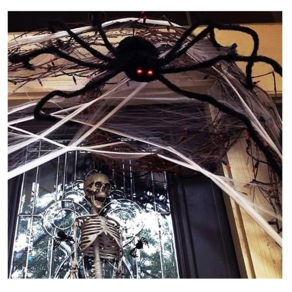 Halloween Edderkopp - Halloweenpynt - Kjempeedderkopp - 60cm - Røde Øyne - Svart Utvendig - Veggfestdekorasjon