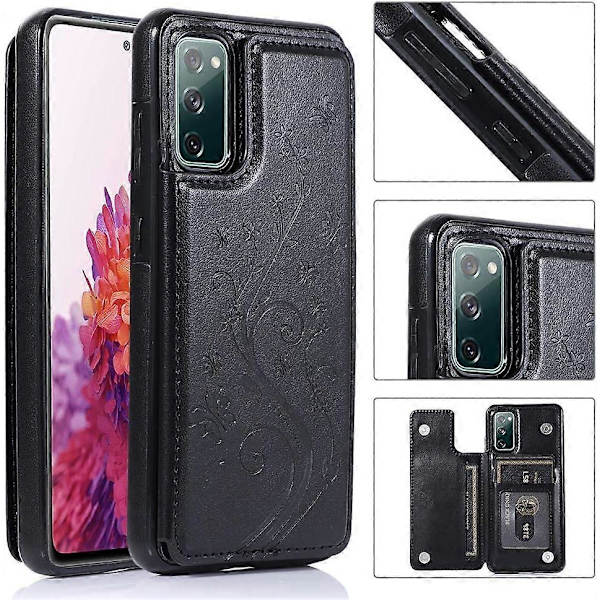 Telefonfodral för Samsung Galaxy S20 FE 5G/S20 Fan med Härdat Glasskärmsskydd Korthållare Plånboksfodral Stativ Flip Lädertillbehör Svart