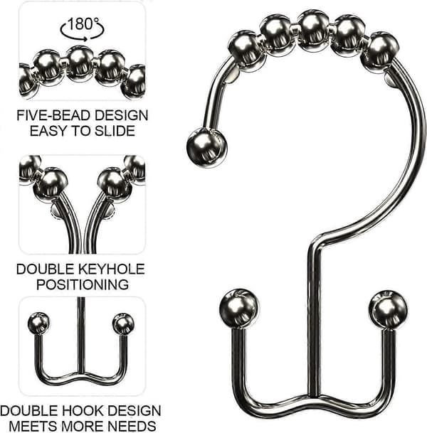 Duschdraperi Krokar Ringar, Rostfria Metall Dubbla Glidande Duschdraperi Ringar för Badrum Duschstänger Gardiner, 12-pack