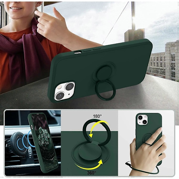 Kompatibel med iPhone 13-fodral, silikon med 360-graders ringstativ (stöder magnetisk bilhållare) Mjuk mikrofiberduk i siden, full täckning