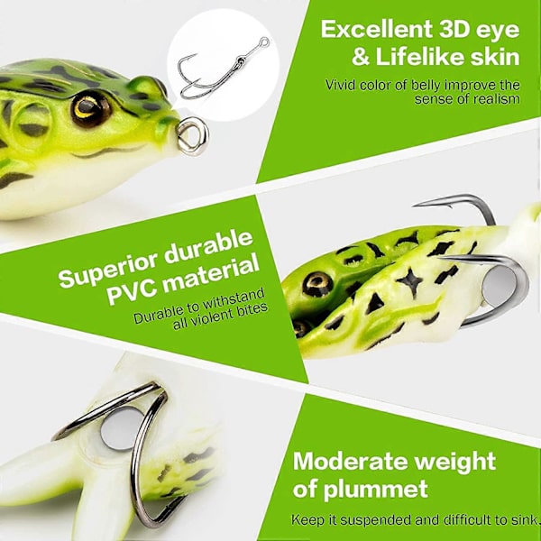 Topwater Grodlure för Bass, Öringfiske, Lure Kit Set, Realistisk Prop Groda, Mjuk Swimbait, Flytande Bete med Weedless Krokar för Sötvattensaltvatten