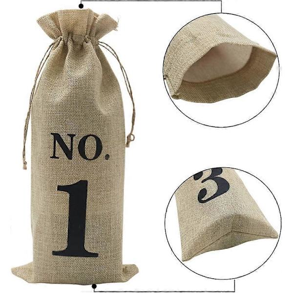 10 st Jutevinsäckar, 14 x 6 1/4 tum Hessiansäckar Numrerade Vinflaska Presentpåsar med dragsko för Blind Vinprovning (Brun)