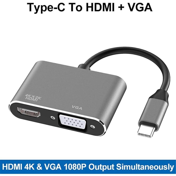 Usb C till HDMI Vga-adapter, 2-i-1 typ C till HDMI 4k, Vga 1080p kompatibel med Macbook Pro/air 2020 2019, Ipad Pro, Surface