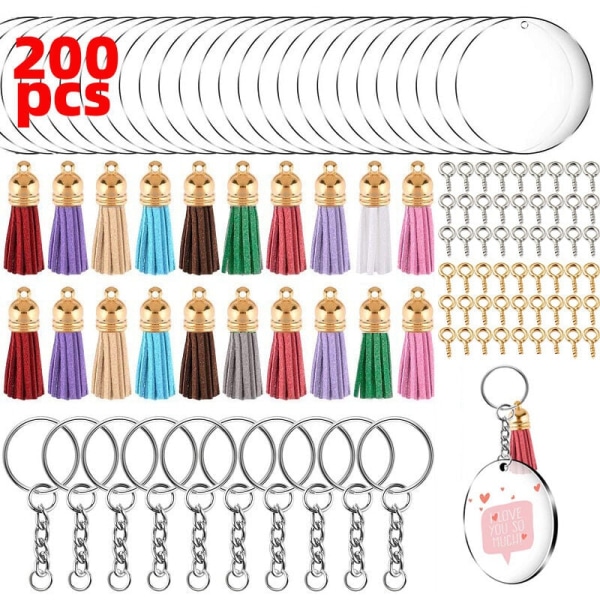 200 kpl kirkkaita akryylilevyjä ja avaimenperät, kirkkaat akryyliset avaimenperät ja tupsukorut avainnippuihin tee-se-itse-projekteihin - DKSFJKL