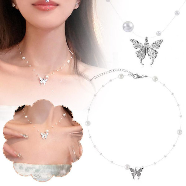 Elegant Perle Krystal Halskæde Mode Hjerte Sommerfugl Kæde Choker（Som vist）
