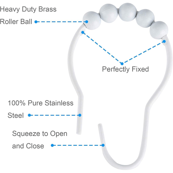 12 kappaletta suihkuverhon koukut ruostumatonta terästä, kiillotetuilla metallipalloilla kylpyhuoneeseen - valkoinen