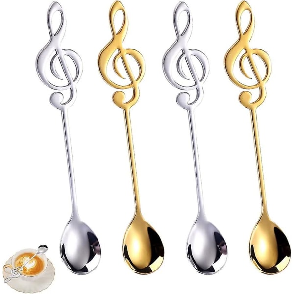 Guld och silver - 4 bitar efterrättsskedar för musiknoter, 15 cm kaffesked i rostfritt stål, dekorativ blandningssked - design av handtag för notnoter