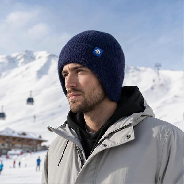 Varm strikkelue for utendørsbruk - Elastisk termisk lue med ørebeskyttelse og snøfnuggmønster, unisex Navy blue