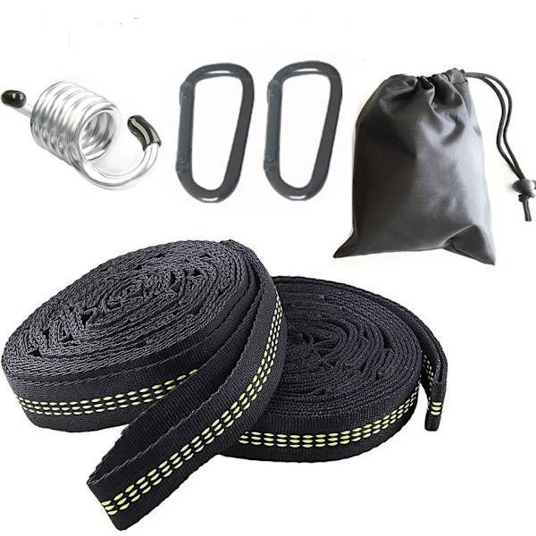 Hängmattefästsats, 3m x 2,5cm, Max 500kg, Inkluderar 15 Delar, 1 Ring, 2 Karbinhakar, Stålfjädrar för Camping & Utomhus