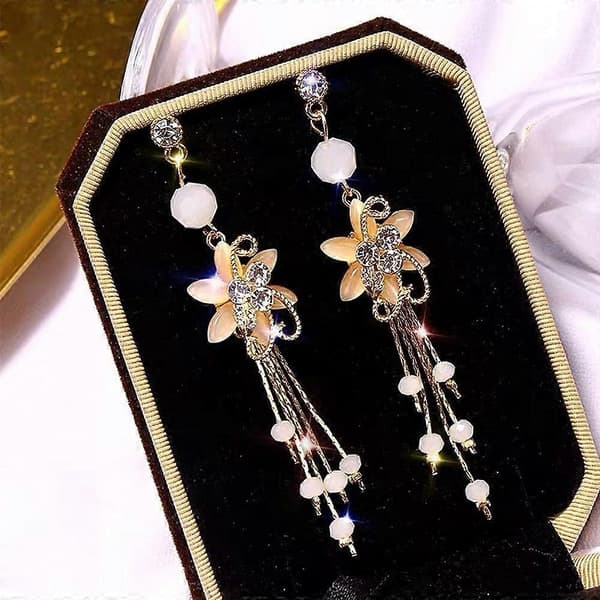 Hängande örhängen för damer, modeaccessoarer, kristallblomma, elegant kattöga sten (vit)
