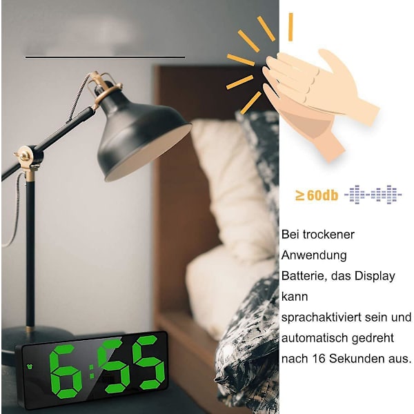 Digitaalinen herätyskello, LED-herätyskello, peili, pöytäkello, ohut herätyskello, 12/24 tuntia, torkku, ääniohjaus, lämpötilanäyttö, kirkkaus