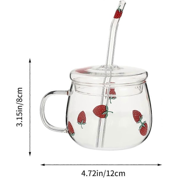 Glasmug med lock och sugrör Söt jordgubbsdrickskopp Klar kaffemugg Mjölkmugg Vattenkopp Tekopp för te juice varmt kallt vatten Transparent