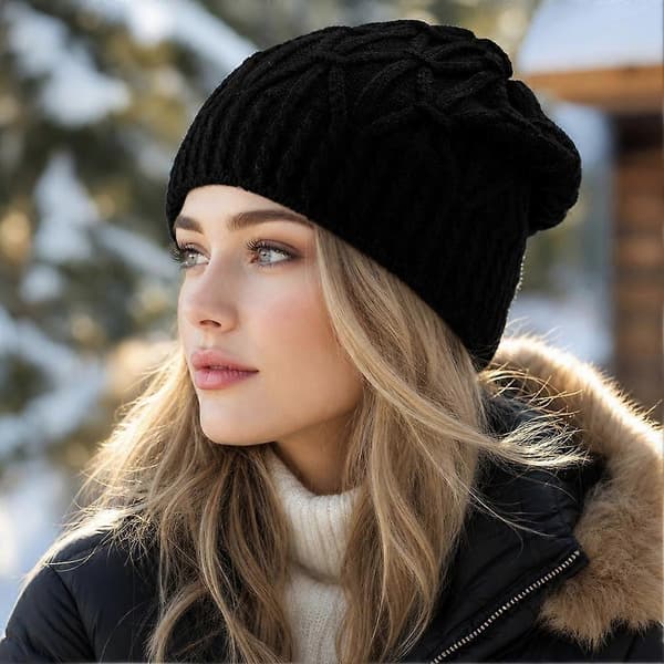 Strikket Slouchy Hue til kvinder, afslappet pasform, blød ribstrikket varm hue med elastikbånd Black