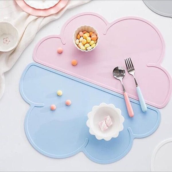 2 stycken (rosa + blå) bordstabletter i silikon för barn, halkfria, vattentäta, tvättbara, söta molnformade bordsunderlägg för toddler