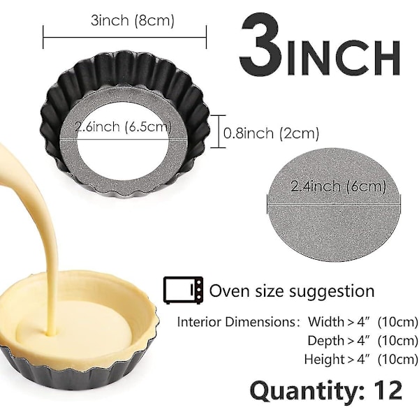 12 kpl munakasmupotteja, 3 tuuman minikakkuvuoat irrotettavalla pohjalla, cupcake-kakku muffinivuoan muottipelti leivontatyökalu, uudelleenkäytettävä quiche-leivontaastia hiiliterästä piirakalle