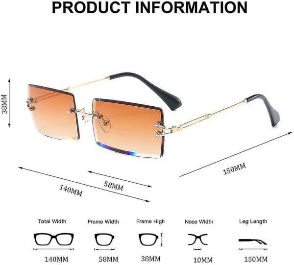 Rimless rektangulära solglasögon kvinnor män ultralätt metallram（Tea Gradient Grey）