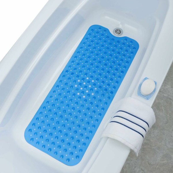 Ekstra lang badematte med sklisikkert grep for badekar og dusjer - (100 cm lang - utvidet dekning, maskinvaskbar, blå)