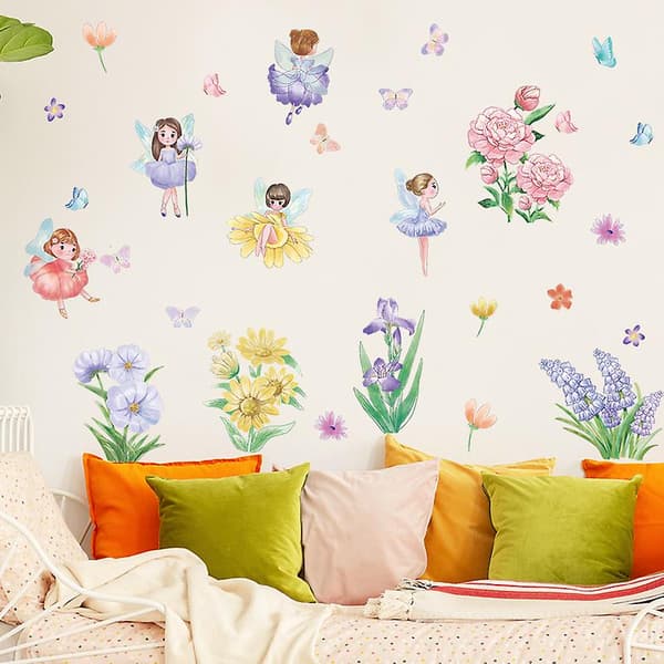 Dekorativ Väggdekal Blommor Feer Fjärilar Heminredning Väggdekal för Vardagsrum Sovrum Kök