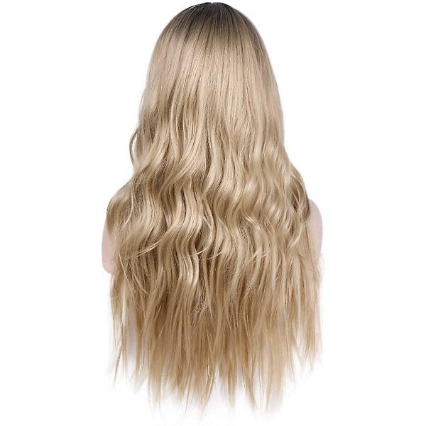 Ombre blond peruk med mörka rötter Naturlig vågig lång lockig syntetisk peruk för kvinnor Cosplay