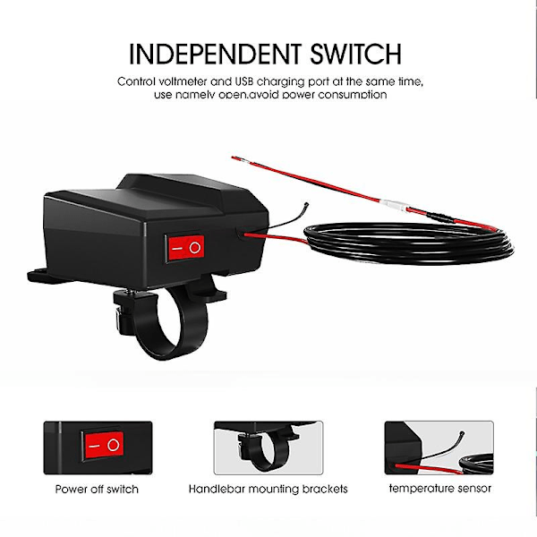 Motorsykkel Lader Moto Styre Lader 3.4a Dual Usb Lader Adapter Med Temperatur Og Spenning Display For 12v-24v Motorsykkel