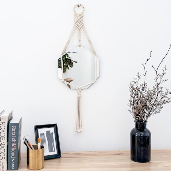 Numb Veggmontert Speil Dekorativt Rundt Speil Med Makrame Henger Til Leilighet Stue Soverom Innganger Boho Hjemmeinnredning (24*86cm)