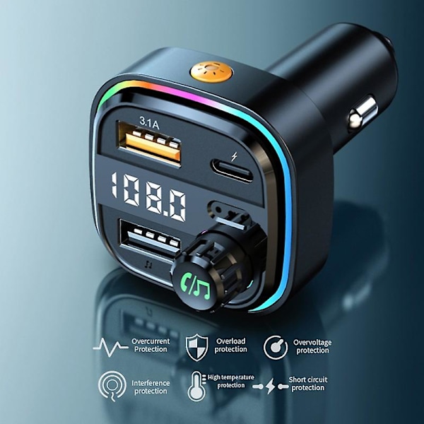 Bluetooth 5.0 FM-lähetin Handsfree-autoradion modulaattori Mp3-soitin USB + Type-C -laturiadapterilla autoon