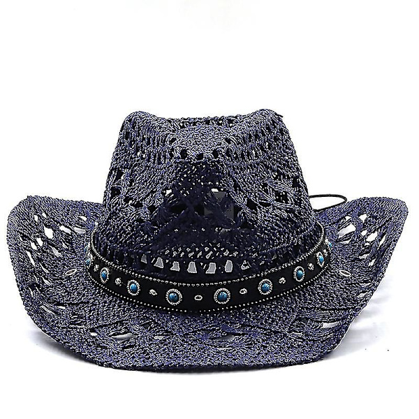 Evago Herr Halm Western Cowboyhatt Handgjord Strand Filt Solhatter Festmössa För Man Kvinna Curling Brätte Mössa Solskydd Unisex Hattar（blå）