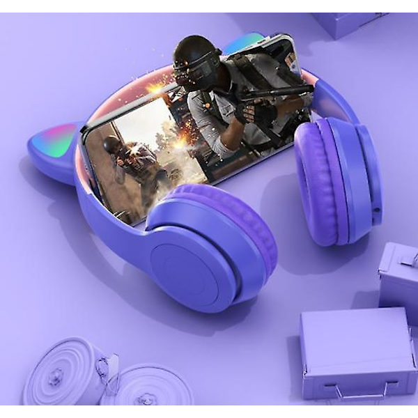 Bluetooth 5.0 Kattöron Hörlurar för Barn Fällbara Trådlösa Stereo Headset med Mikrofon LED Volymkontroll