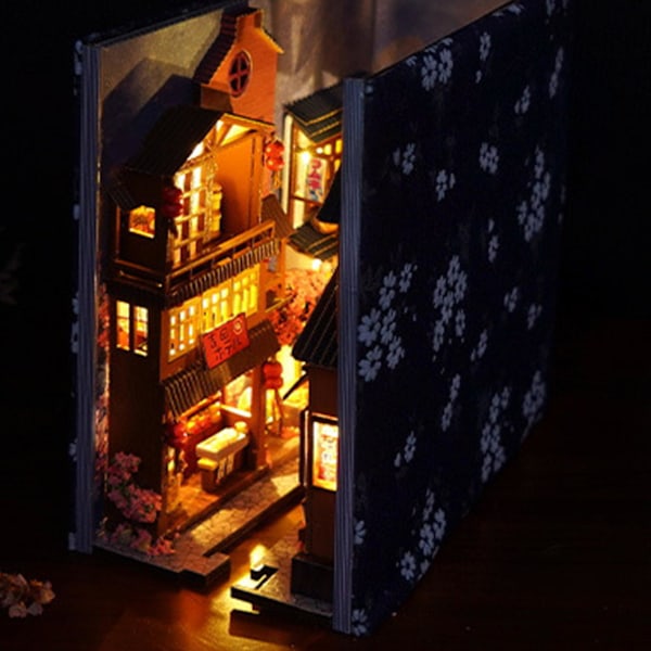 3D Träpussel Bokstöd, DIY Bokhörna Kit, med LED Ljus Hylla Infoga Gränd Miniatyr Dockhus Modell Byggsats, Kreativ Present till Födelsedagar