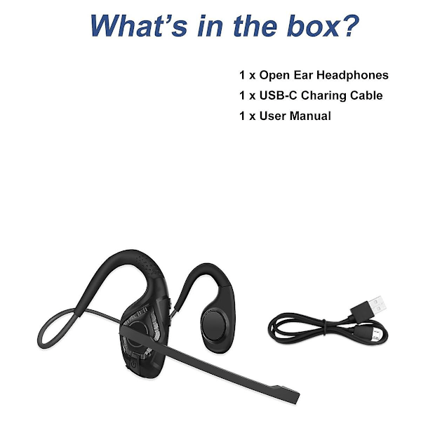 Bluetooth-headset med mikrofon, åbne øre-hovedtelefoner trådløse støjreducerende headset til kontor, kørsel, arbejde, hjem (sort)