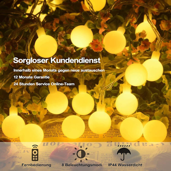 Spherical String Lights, Udendørs String Lights Med 100 Led Socket 8 Tilstande