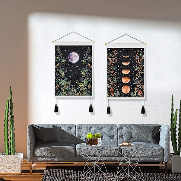 Väggdekor Set med 2 Väggbonader, Månskensgård Väggbonad, Månsfas Väggbonad, Blommor och Rankor Väggbonader, Svart Golvväggbonad