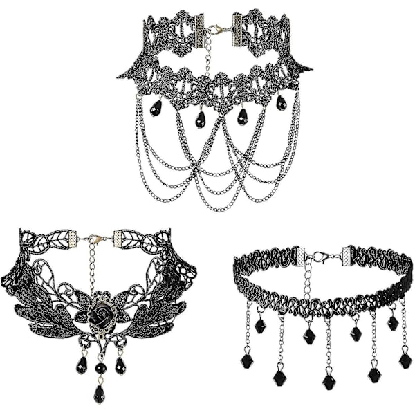 Women Girl 3pcs Retro Gothic Lace Choker Necklace Collar Neck, 13 Inch