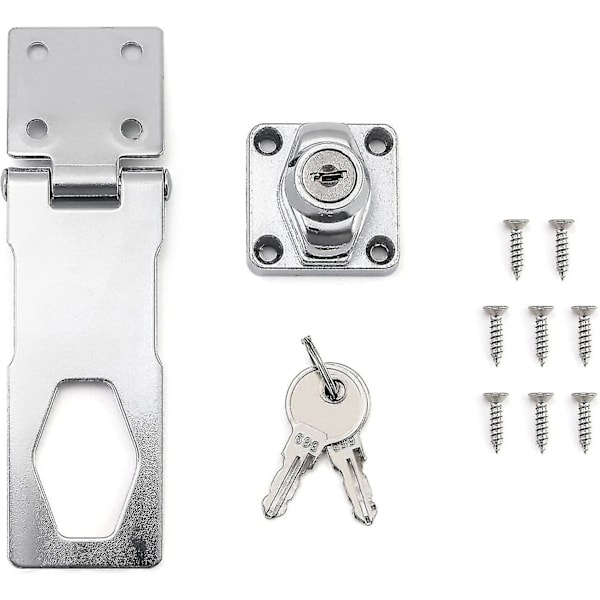 Hasp-lås, hänglås med nycklar och skruvar för grind, skjul, garageport, 4\" / 10cm, kromfinish, 1 st