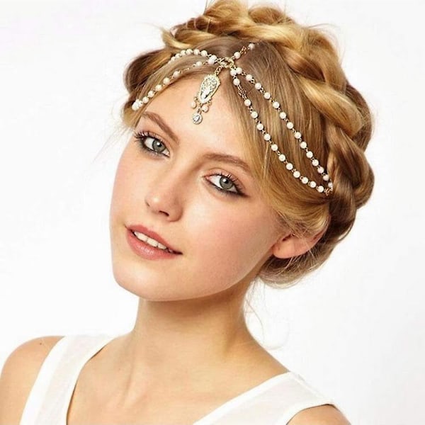 Kvinde Halloween Boho Vintage Guld HovedkædeKvast Perle Rhinestone Krystal Hovedbeklædning Hår Tilbehør Fest Hår Smykker til Kvinder og Piger,W