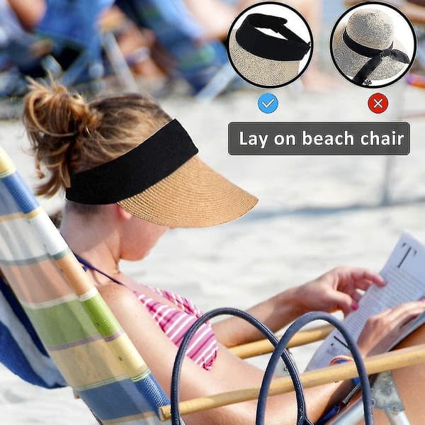 Kvinners Solhatt Halm Sol Visor Hat Bred Brede Brede Sommer Uv Beskyttelse Strand Cap Foldable Packale（brun）