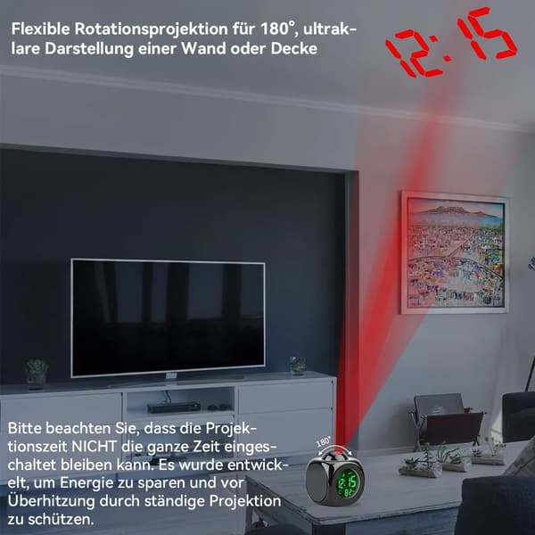 Projektionsvækkeur, nattelys temperaturvisning LED-ur, sort