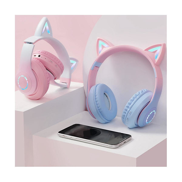 LED-hodetelefoner med søte katteører, trådløse øretelefoner med mikrofon, stereohodetelefoner for barn, jenter, TWS Bluetooth 5.0 C (hvitrosa)