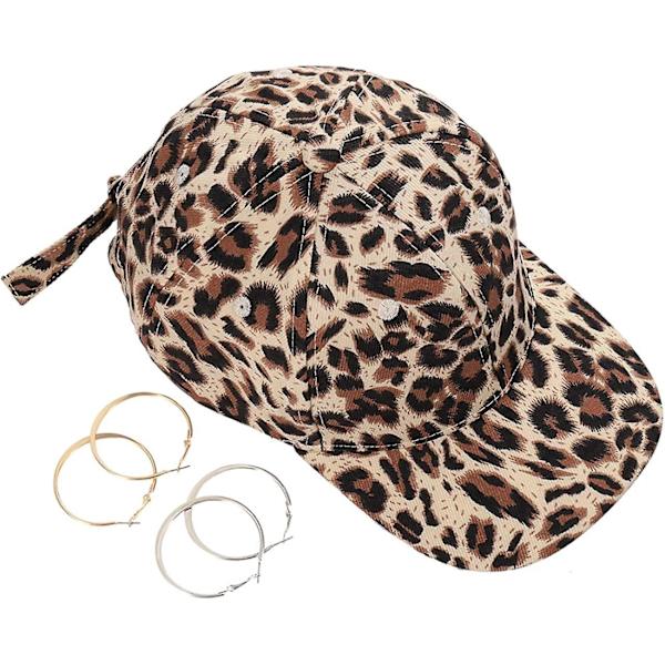 Leopard Print Baseball Cap Justerbar Bag Kvinder Piger Bomuldshat Med Matchende Hoop Øreringe