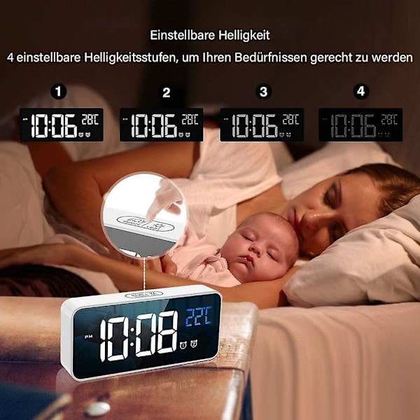 Digital väckarklocka, LED digital väckarklocka spegel skrivbordsklocka USB uppladdningsbar reseväckarklocka med 2 larm/snooze/temperaturvisning/röststyrning