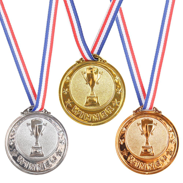 Guldmetall vinnarmedaljer, set med 3 förstaprismedaljer, lämplig för sport, tävlingar och fester, 6,5 cm diameter med 74 cm band.