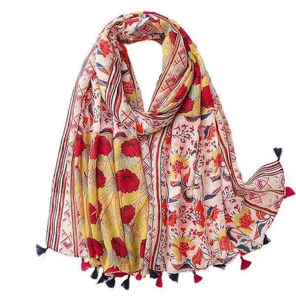 Bohemisk damhalsduk, lätt sjal med blommönster, höst/vinter, modeaccessoar med fransar, present till födelsedag, julklapp - SL2008-005 Gul