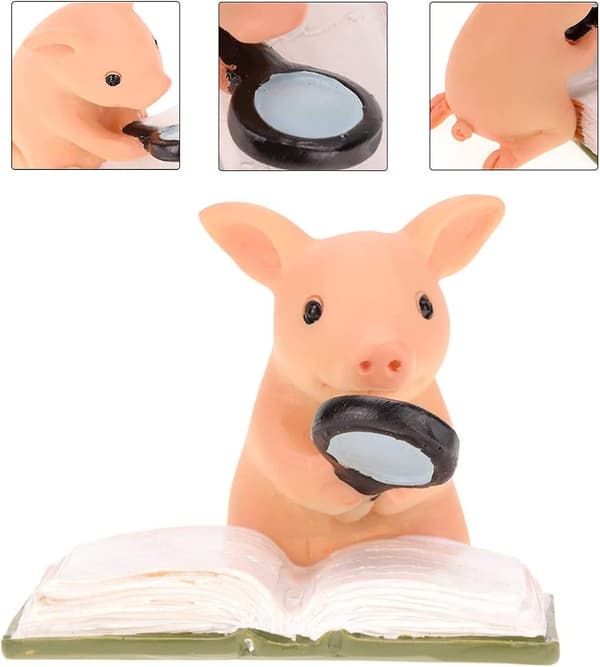 Miniatyrfigur av gris, prydnadsföremål, skrivbordstillbehör (grisen läser)