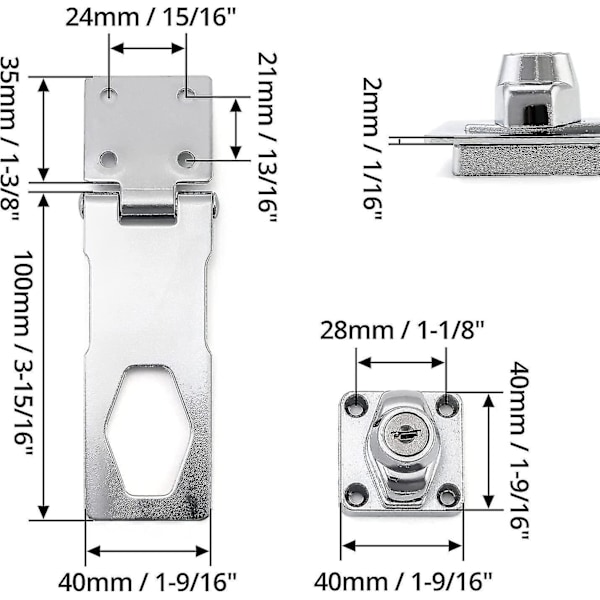 Hasp-lås, hänglås med nycklar och skruvar för grind, skjul, garageport, 4\" / 10cm, kromfinish, 1 st