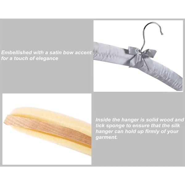 Satin galgar, 5-pack, mjukt vadderade, 360° roterande krok, dekorativ rosett, 38 cm (grå)