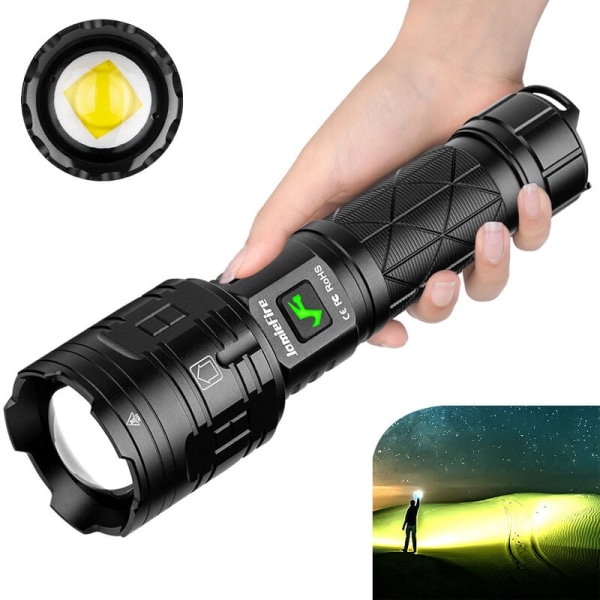 Ficklampa, LED-ficklampa, starkt ljus, USB uppladdningsbar campingficklampa med zoom